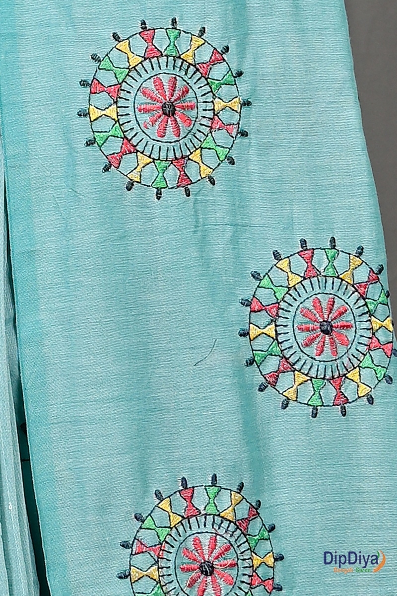 Sky Blue Pure Cotton Parama Embroidery Handloom saree (287)